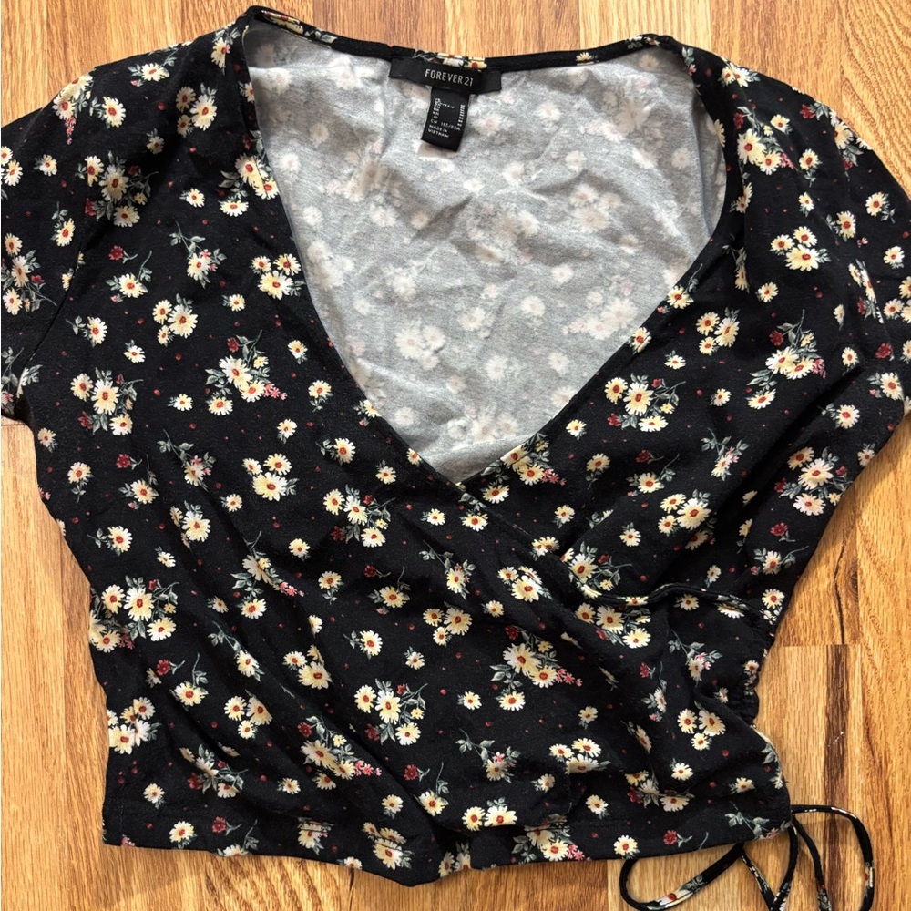 Forever 21 Black Floral Wrap Blouse